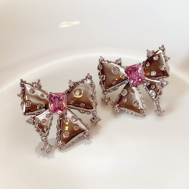 Pink Zircon Metal Bow Quality Stud Earrings