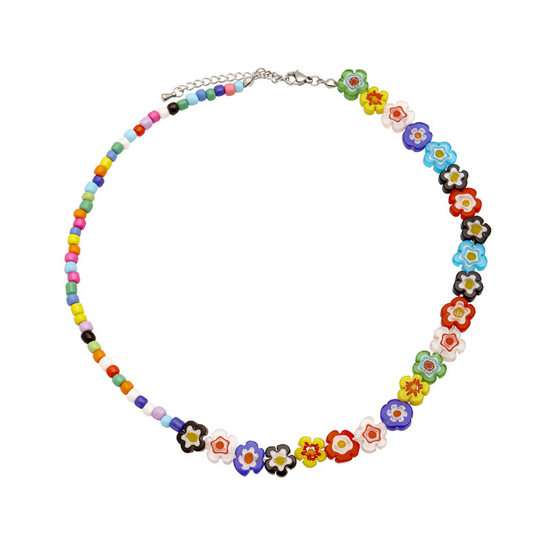 Flower Coloured Glaze Mix-Color Beads Beaded Necklace