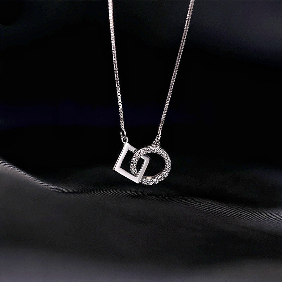 Sterling Silver Interlocking Shapes Necklace Square and Circle Pendant