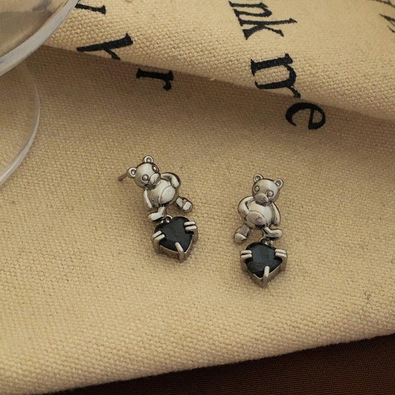 Vintage Little Bear Zircon Inlaid Drop Earrings