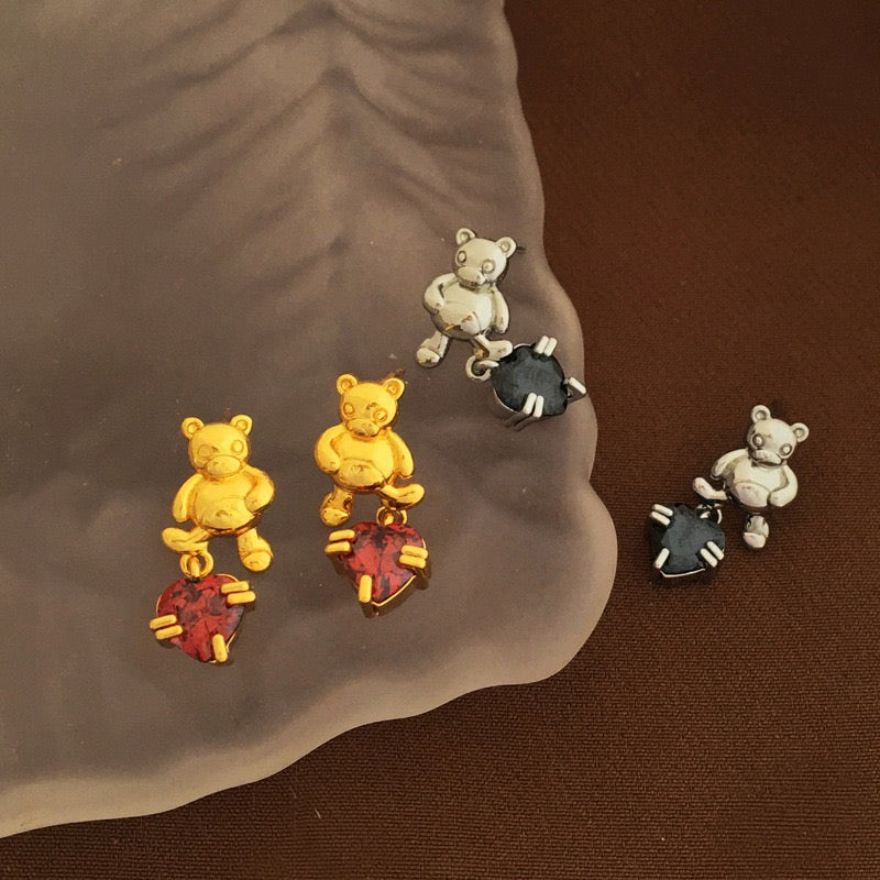 Vintage Little Bear Zircon Inlaid Drop Earrings