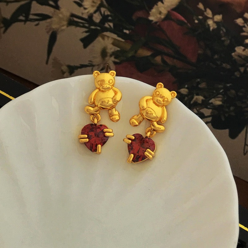 Vintage Little Bear Zircon Inlaid Drop Earrings