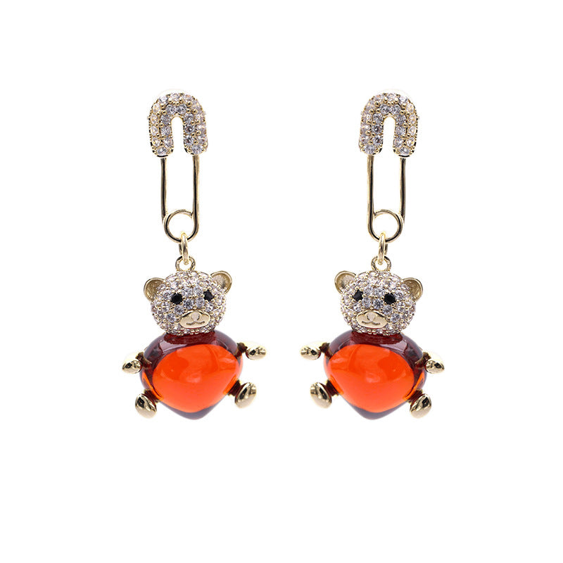 Real Gold Plated Cute Heart Zircon Inlaid Bear Earrings