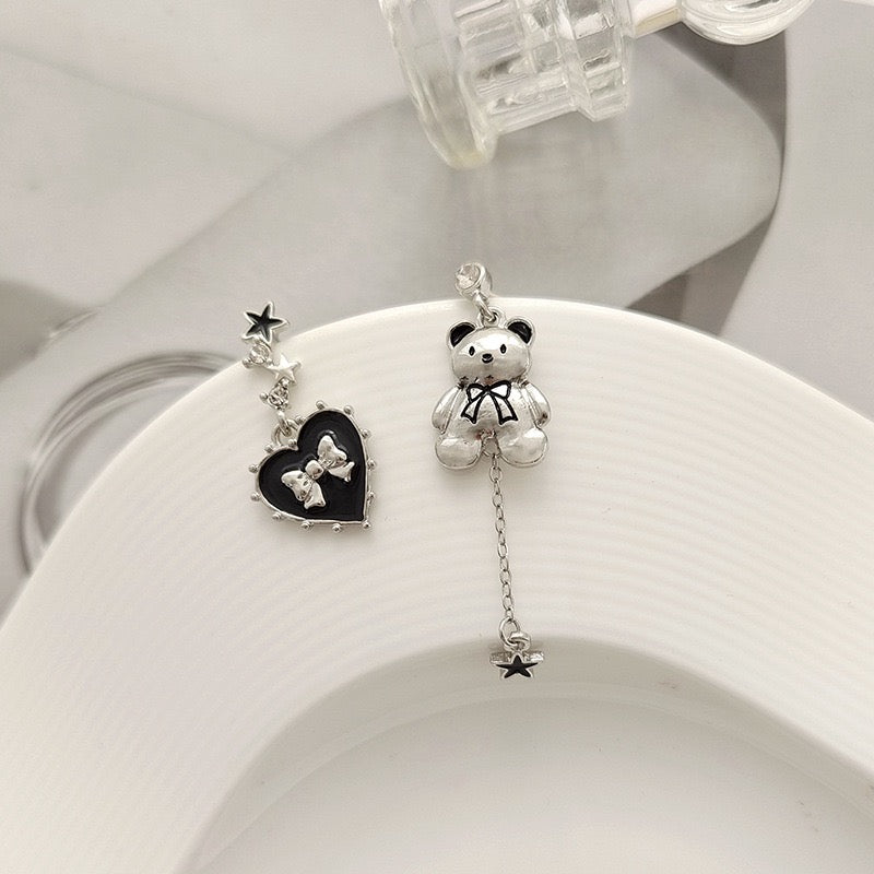 Cute Metal Bear & Heart Asymmetrical Earring