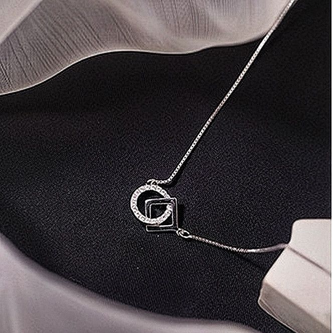 Sterling Silver Interlocking Shapes Necklace Square and Circle Pendant