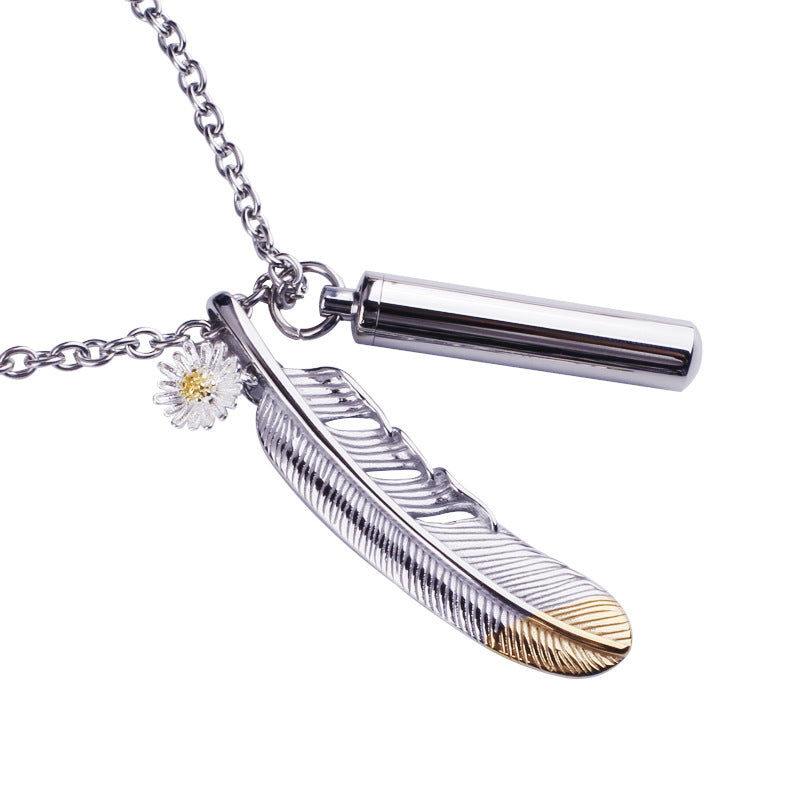 Stainless Steel Feather Daisies Pendant Necklace