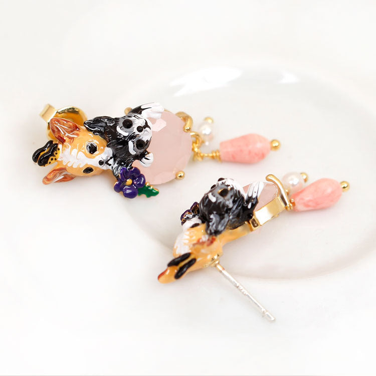 Handmade Chihuahua Enamel Pink Gem Earrings