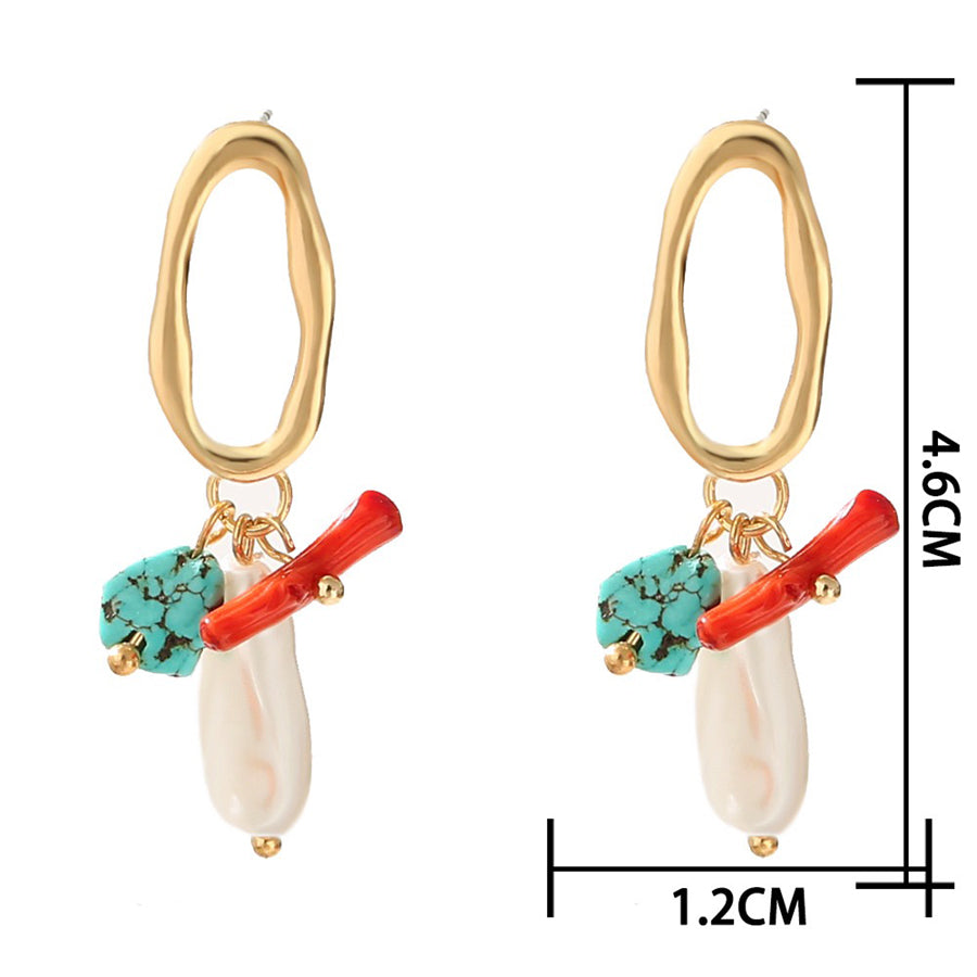 Natural Turquoise & Coral Stone Drop Earrings