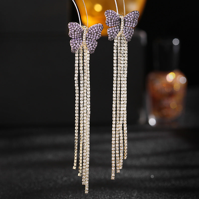 Zircon Inlaid Double Colors Butterfly Long Tassel Earrings