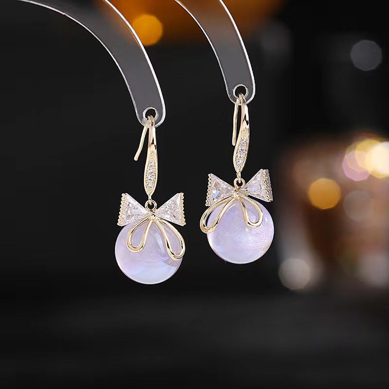 Pearl with Zircon Inlaid Bows Drop Earrings