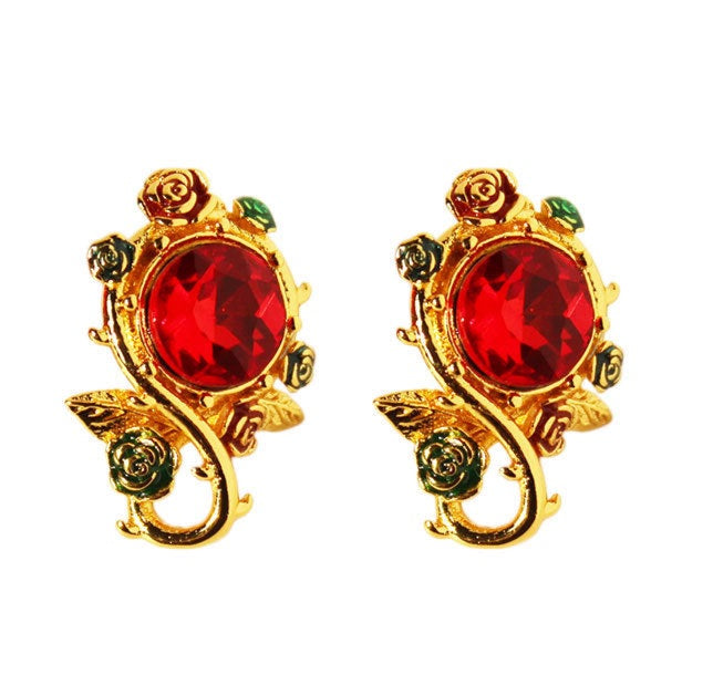 Vintage Dripped Enamel Contrast Color Ruby Flower Pierced Earrings