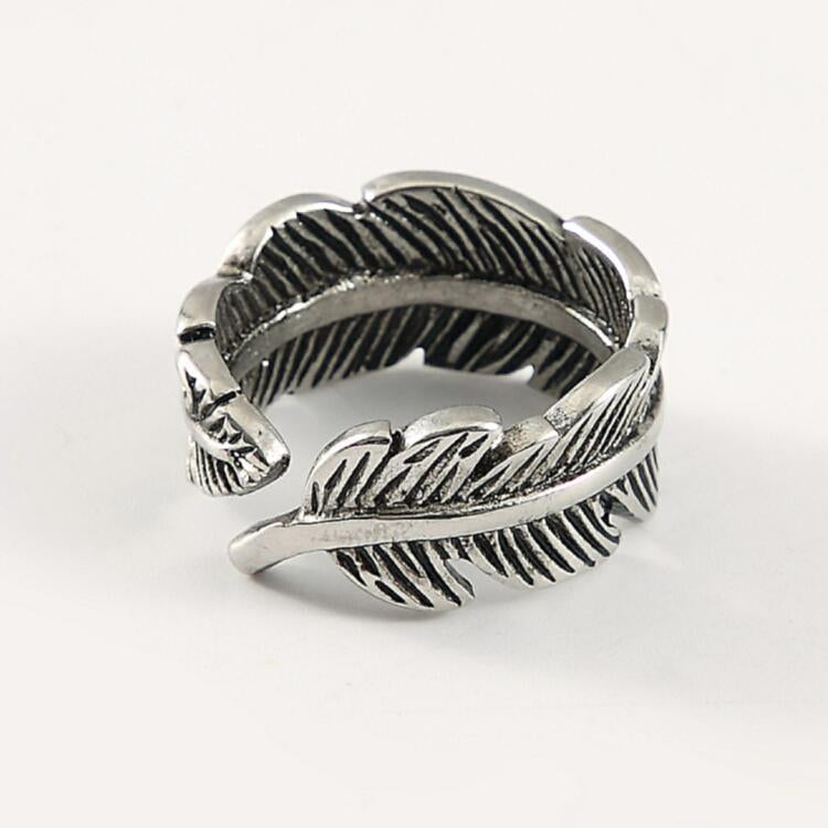 Vintage Titanium Steel Feather Open Ring for Men