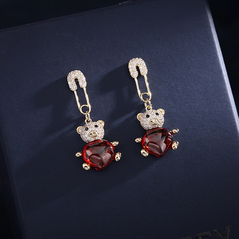 Real Gold Plated Cute Heart Zircon Inlaid Bear Earrings