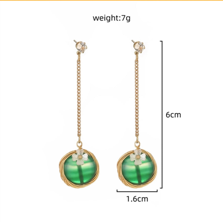 Round green artificial flower FAUX pearl drop earring