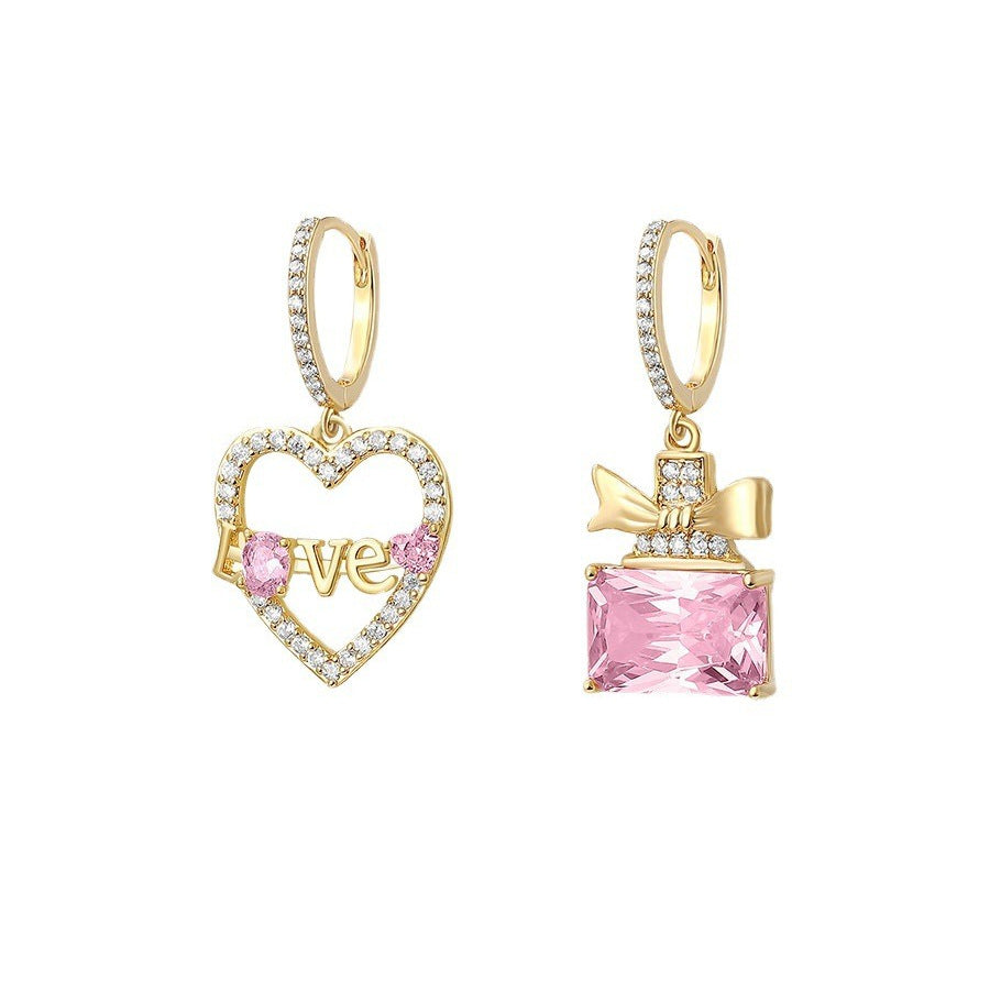 Pink Zircon Inlaid Bows & Love Heart Ring Asymmetric Earrings