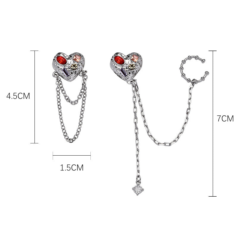 Heart Zircon Inlaid Asymmetric Tassel Clip Earrings