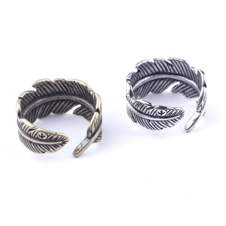 Vintage Titanium Steel Feather Open Ring for Men