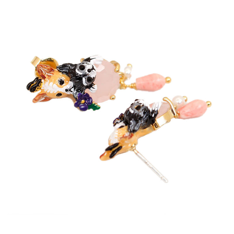 Handmade Chihuahua Enamel Pink Gem Earrings