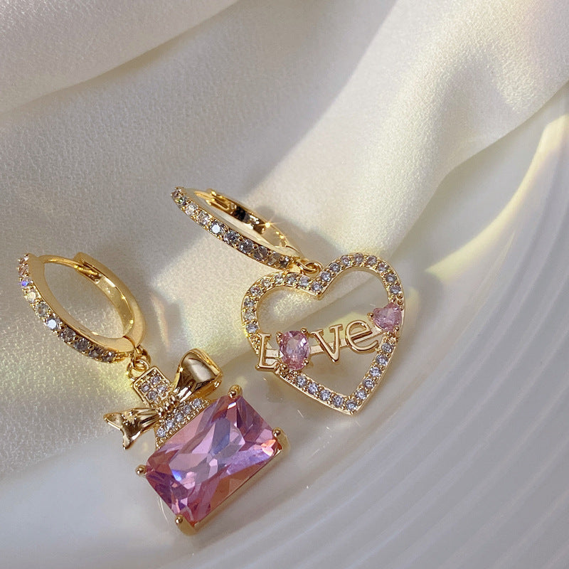 Pink Zircon Inlaid Bows & Love Heart Ring Asymmetric Earrings