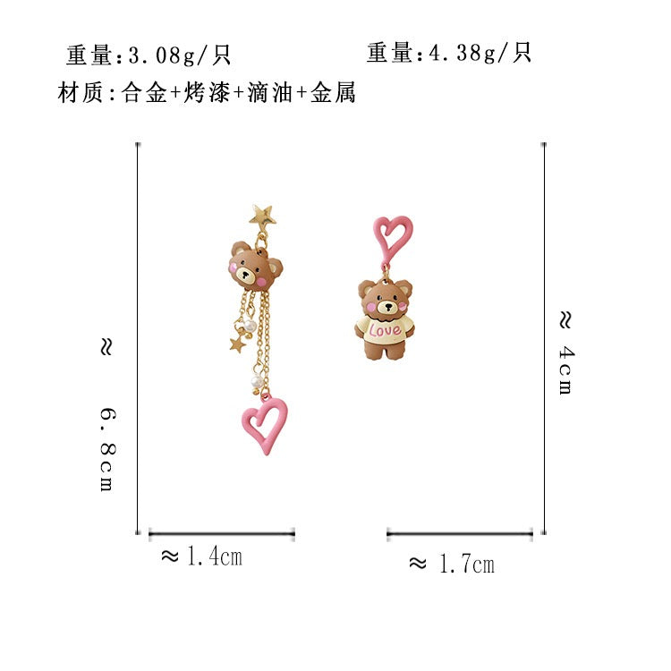 Cute Heart Bear Asymmetrical Earring