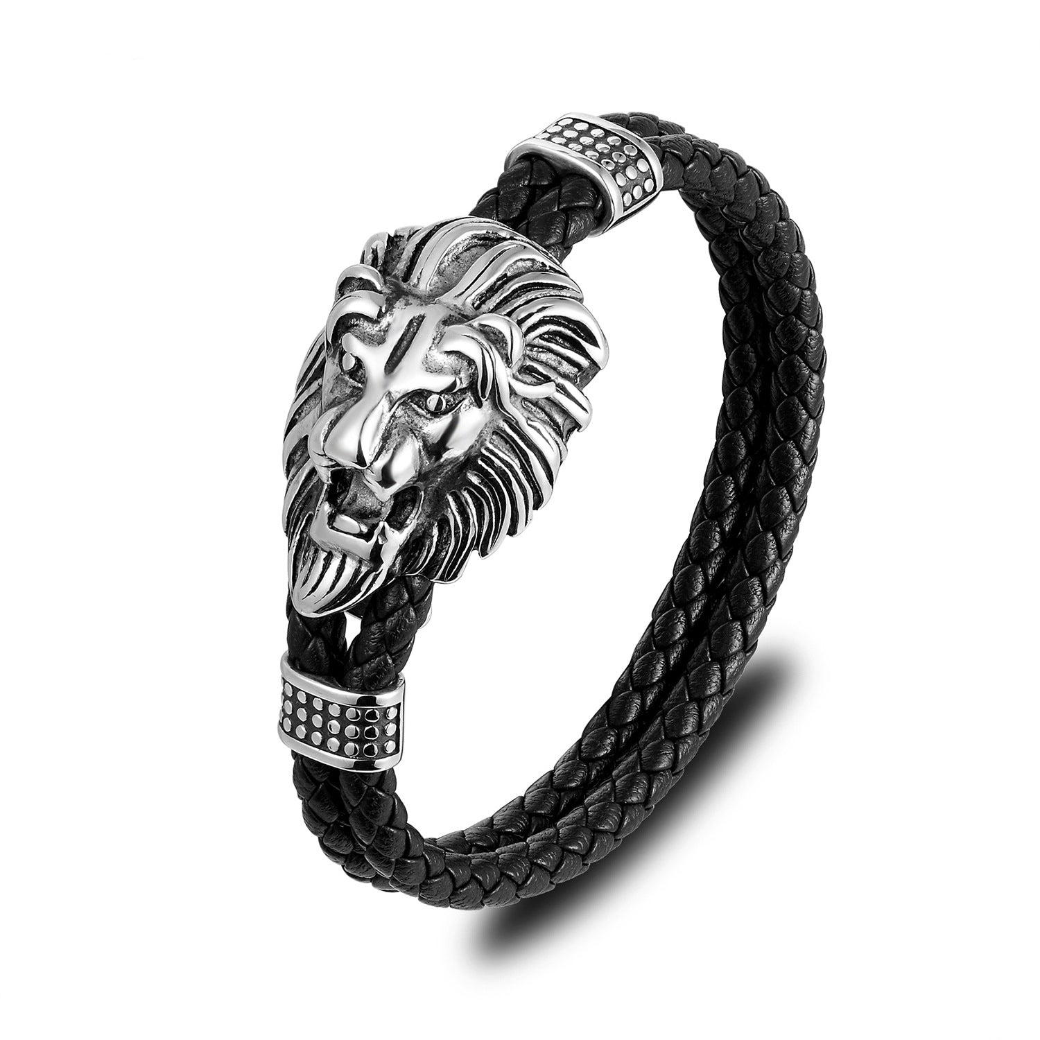 Stainless Steel Lion Head Genuine Leather Bangle Bracelet