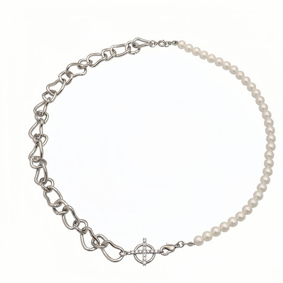 Asymmetric Pearl Chain Beaded Zircon Inlaid Cross Choker Necklace