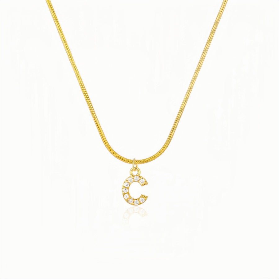 18K Gold Snake Herringbone Chain with A-Z Alphabet Letter Pendant Necklace