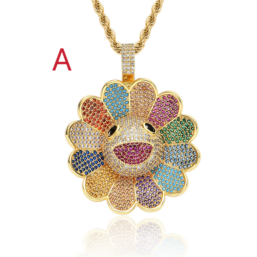 Zircon Inlaid Copper & Rotatable Colorful Sun Flower Pendant Necklace