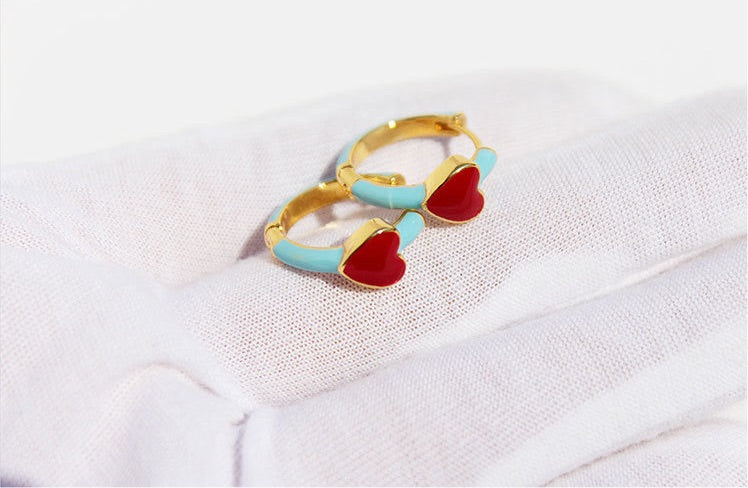 Blue Enamel & Red Heart Drip Enamel Contrast Earrings