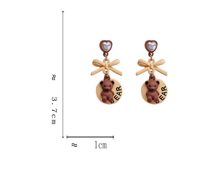 Cute Light Brown Heart Bear Bow Pierced｜Clip Earring