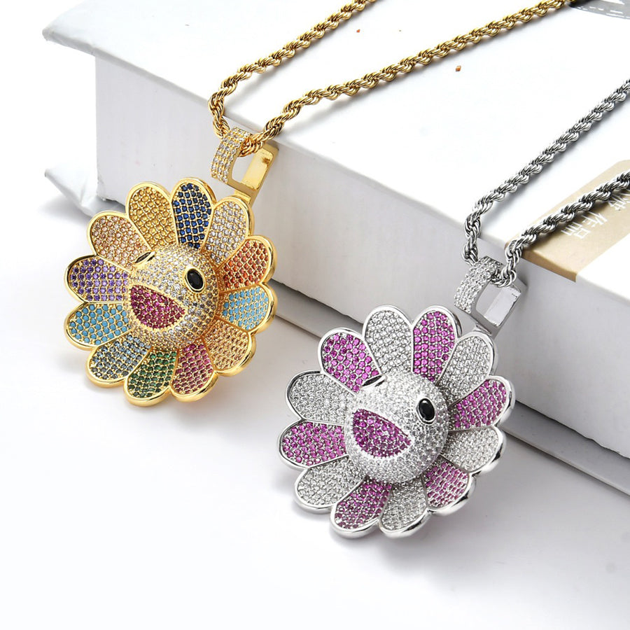 Zircon Inlaid Copper & Rotatable Colorful Sun Flower Pendant Necklace