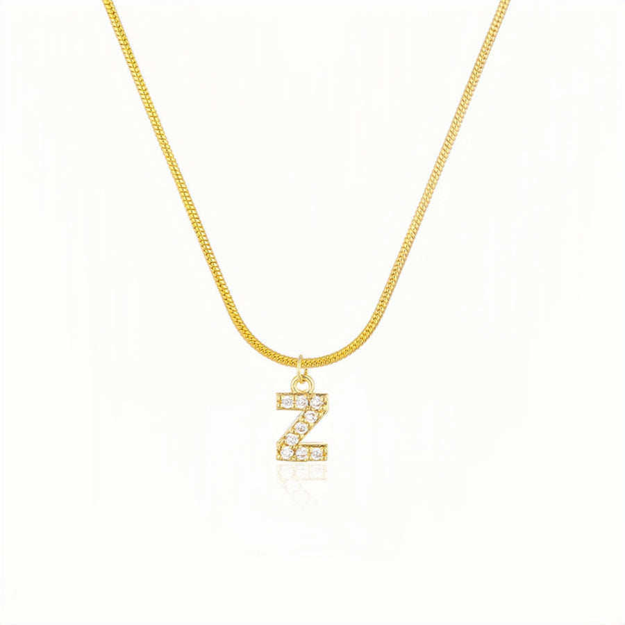 18K Gold Snake Herringbone Chain with A-Z Alphabet Letter Pendant Necklace