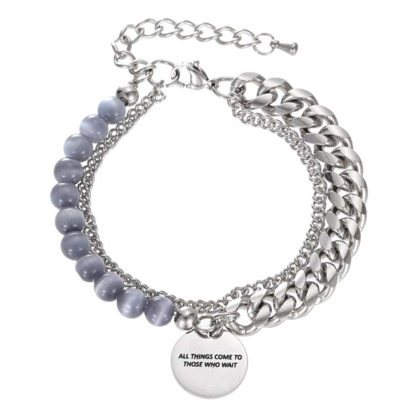 Gray Blue Cats-Eye Beads Double Layered Chain Bracelet