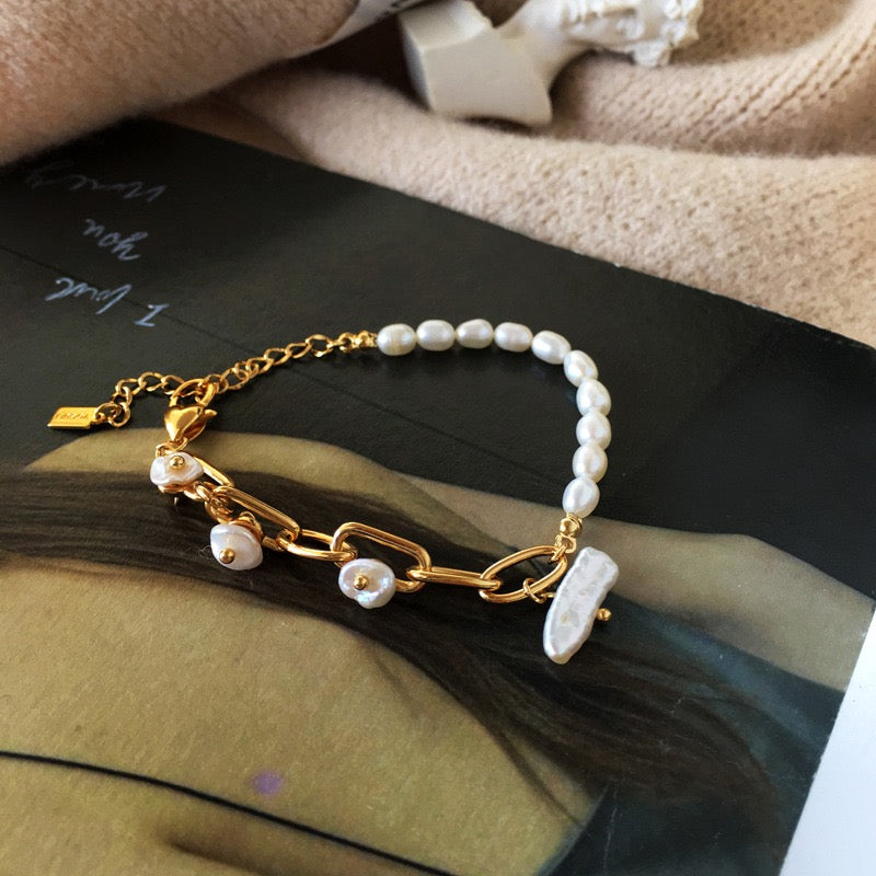 Real Gold Plated Irregular Freshwater Pearl Beaded Design Bracelet