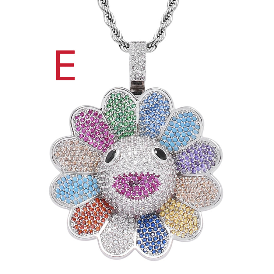 Zircon Inlaid Copper & Rotatable Colorful Sun Flower Pendant Necklace