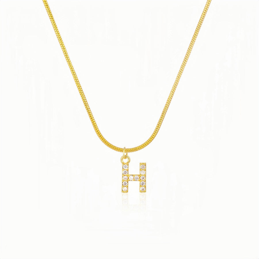 18K Gold Snake Herringbone Chain with A-Z Alphabet Letter Pendant Necklace