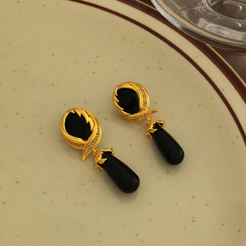 Vintage 925 Silver Needle Zircon Black Long Drop Earring