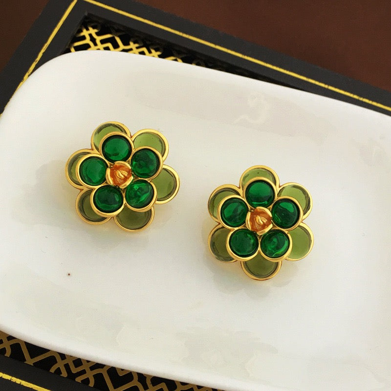 Vintage Real Gold Plated Green Flower New Pierced Earring