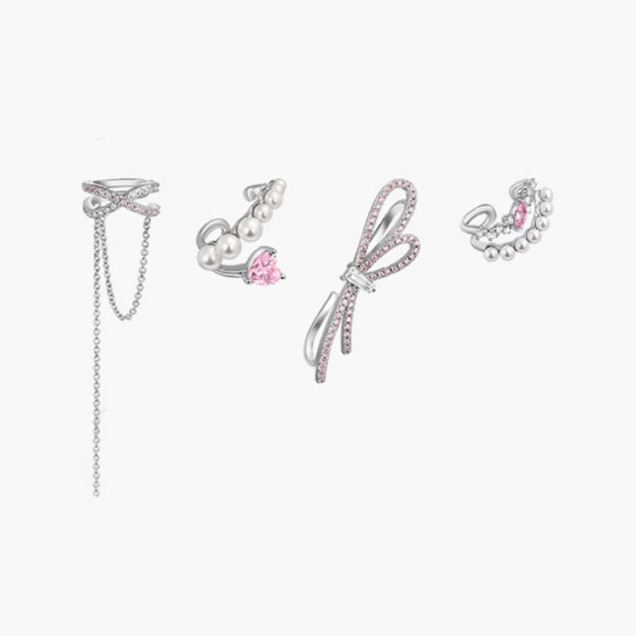 Pink Zircon Inlaid Chain Ear Bone Clip Earring Set