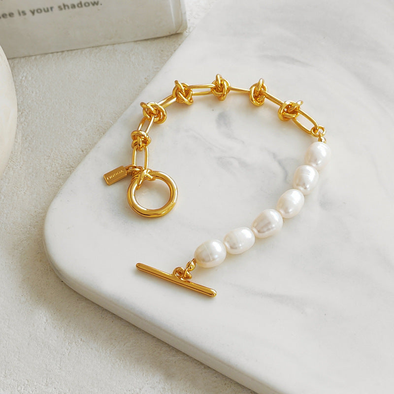 Vintage Gold Plated Copper OT Buckle Pearl Bracelet for Women