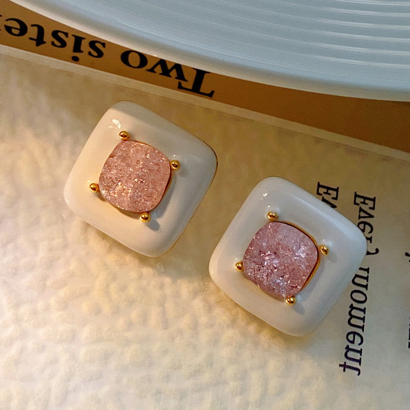 White Enamel Glaze Block Pink Zircon Pierced Earring