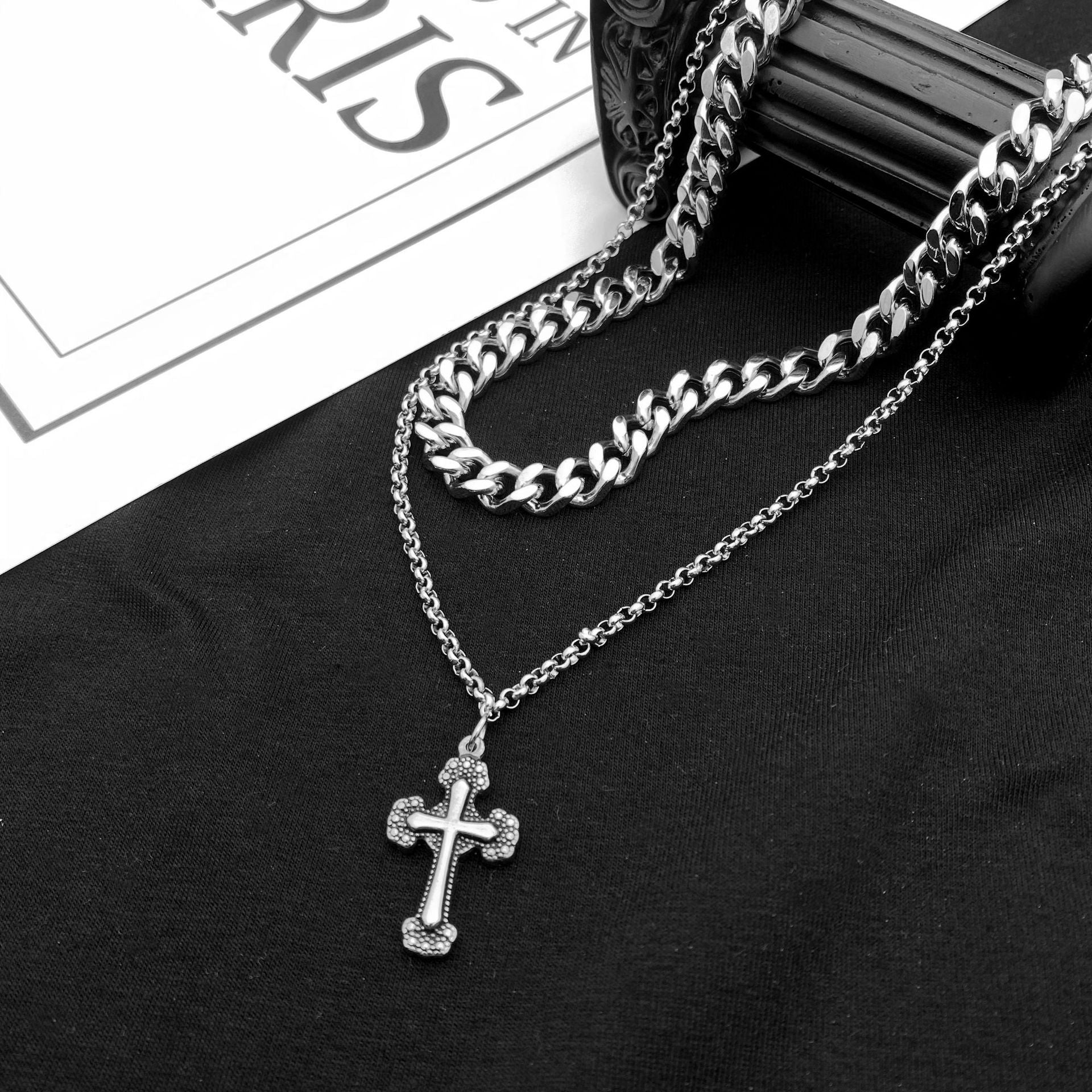 Titanium Steel Carved Cross Double Layered Pendant Necklace for Men