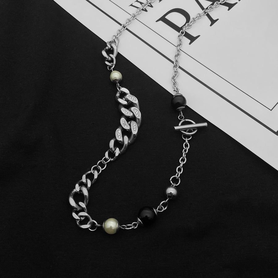 Pearl Diamond Inlaid Titanium Steel Chain OT Buckle Necklace for Men