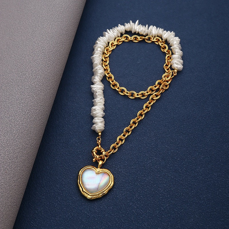 Vintage Heart Pearl with Iron Chain and Irregular Freshwater Pearl Beads Spell