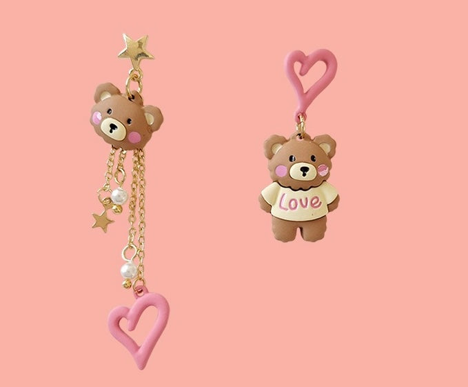 Cute Heart Bear Asymmetrical Earring