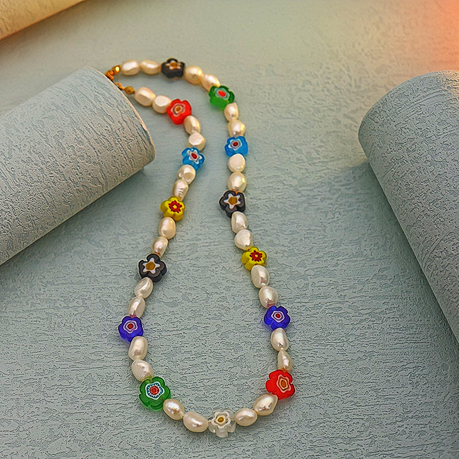 18k Gold Bohemian Natural Freshwater Pearl & Colored Glaze Necklace