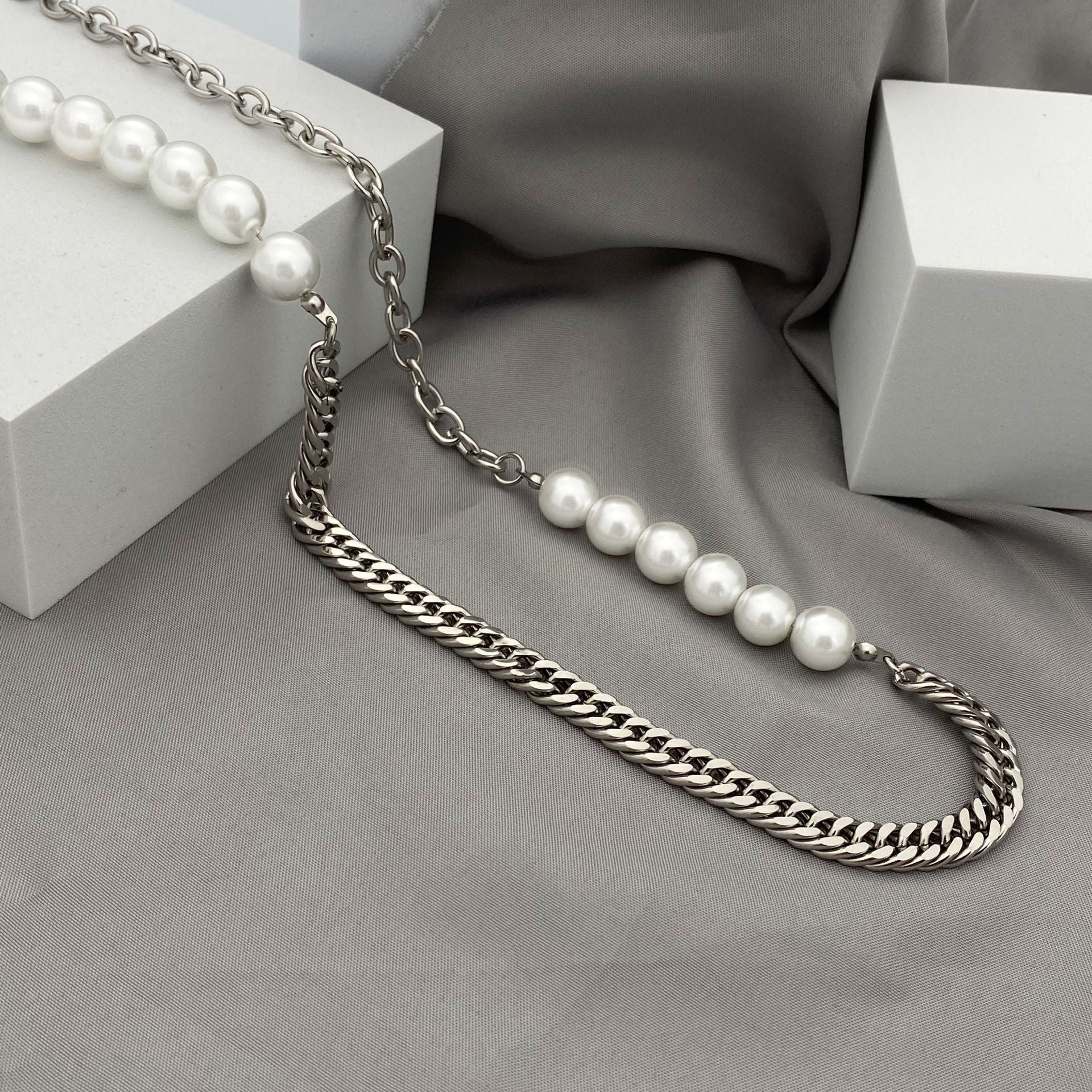 Titanium Steel Chain Pearl Necklace for Men