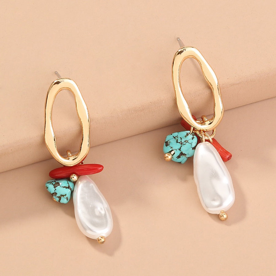 Natural Turquoise & Coral Stone Drop Earrings