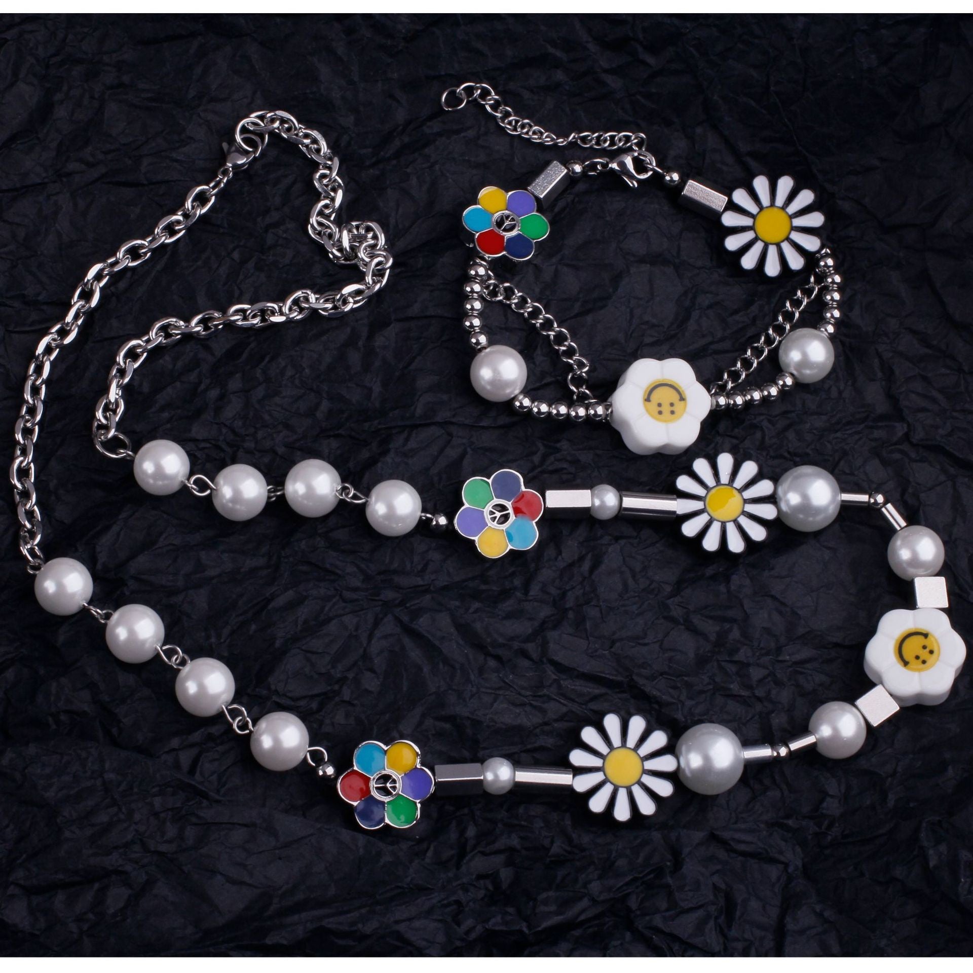 Smile Face Sun Flower Pearl Necklace & Bracelet Set