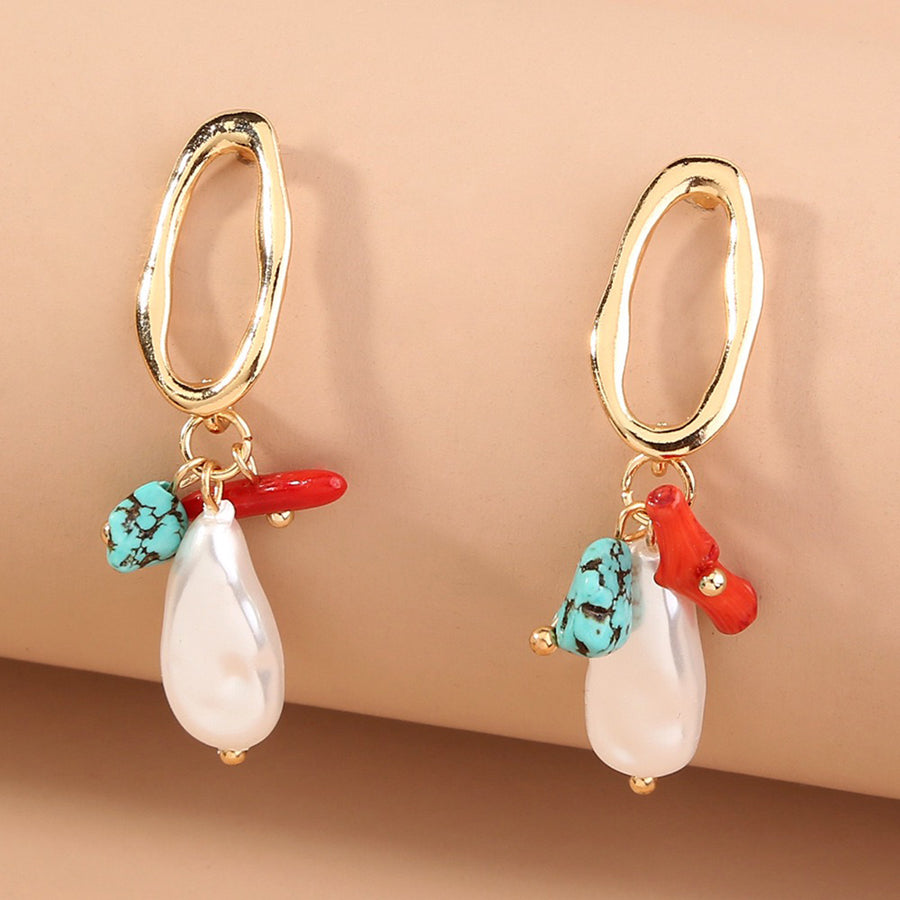 Natural Turquoise & Coral Stone Drop Earrings